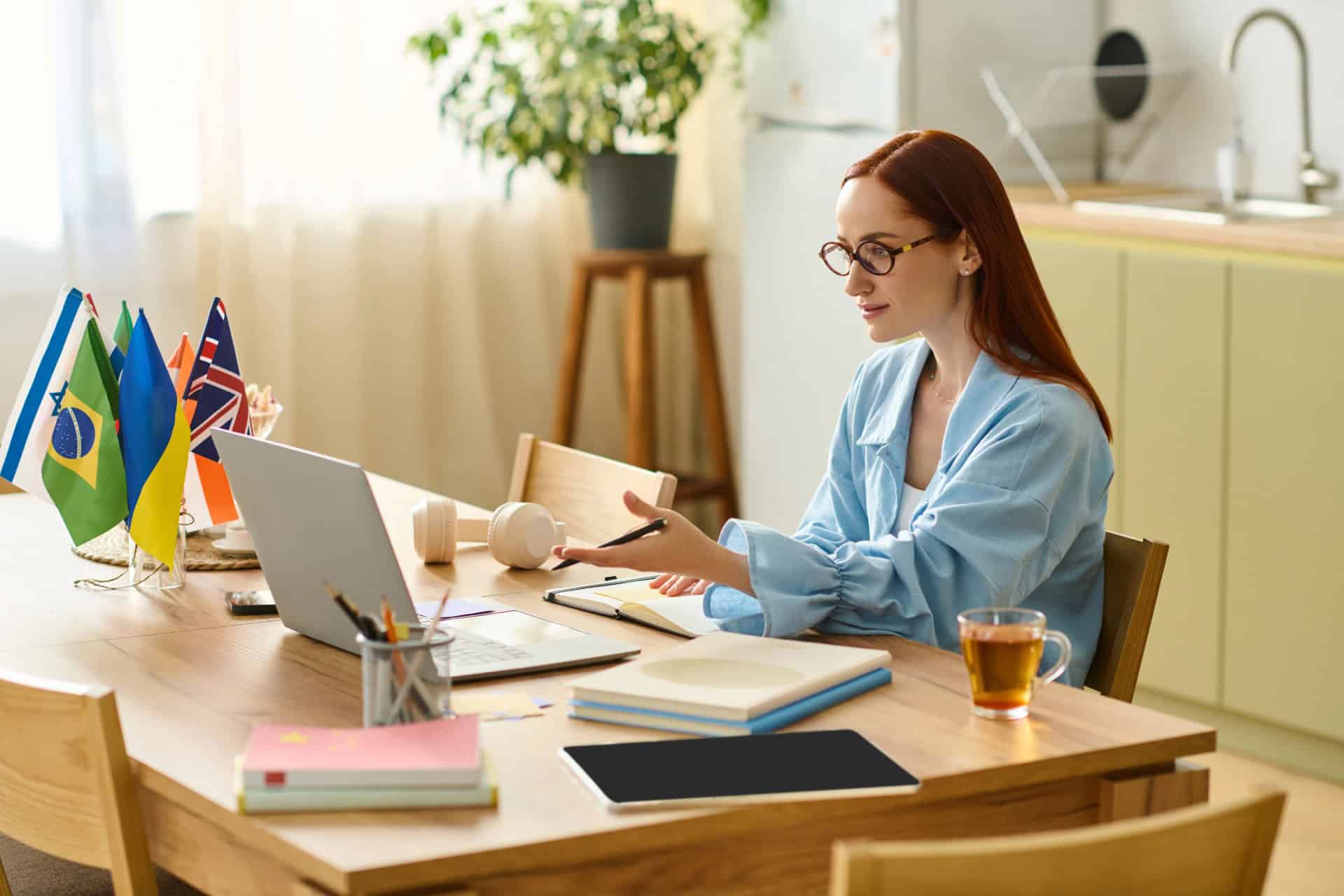Bright red-haired woman discussing education strategies at a desk with international flags, books, and laptop.