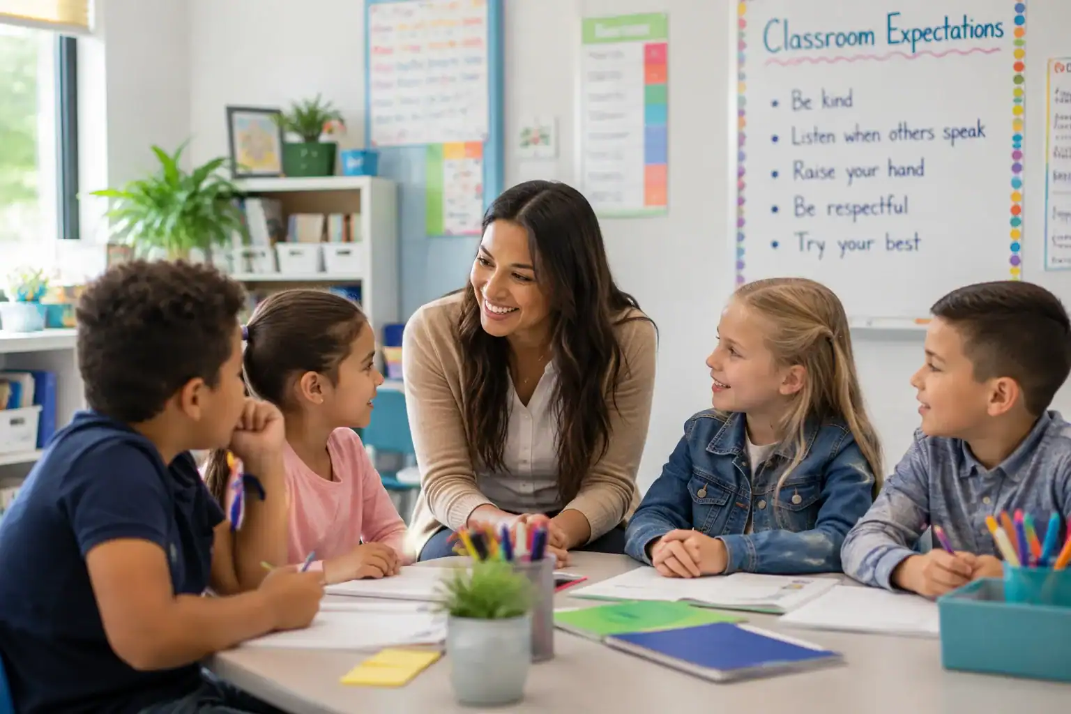 Teacher engaging with diverse students in a classroom setting.