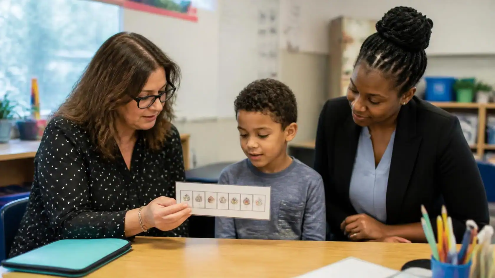 Teacher and counselor discussing behavior plans with a student in classroom.